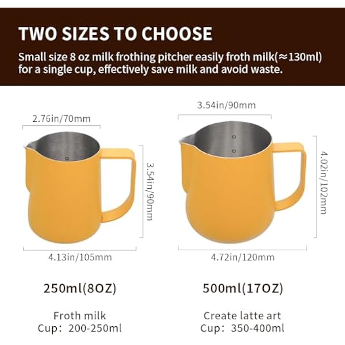 WATCHGET Milk Frothing Pitcher 500Ml17Oz Espresso Steaming Pitcher With Matte Yellow Coating Stainless Steel Milk Steamer Jug Milk Frothing Cup Yellow - Image 3