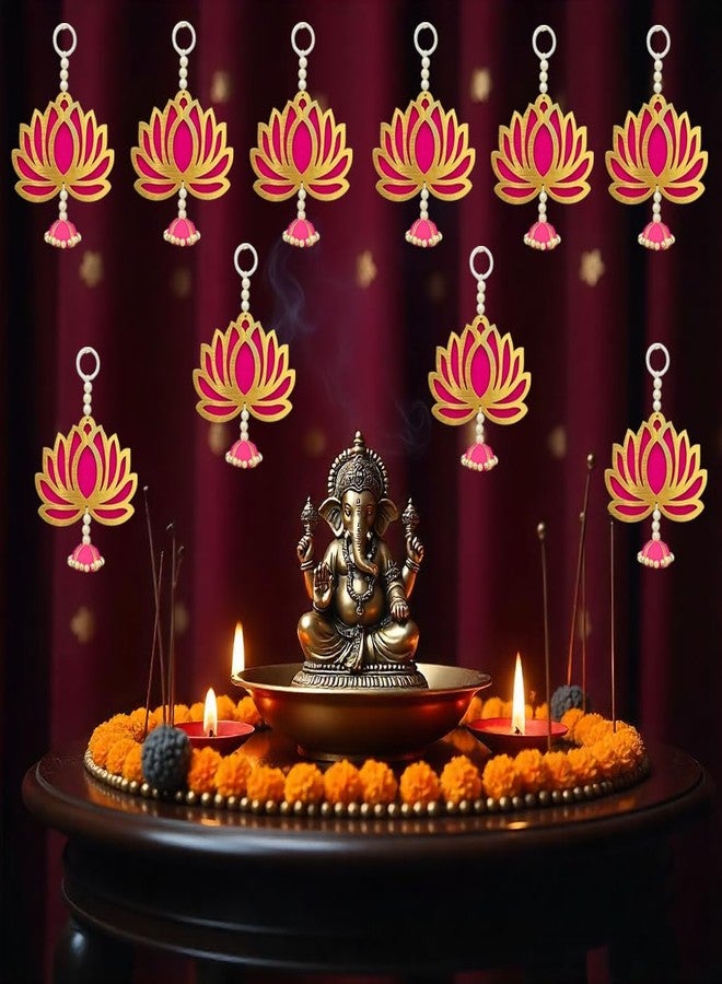 TONKWALAS Handmade Engineered Wood Wall Decor 6 Pcs Pink Lotus with jhumki Style Hanging Diwali Decoration for Home, Wedding & All Festival Decor Lotus for Temple/Pooja Decor (Pack-6) (PACK-10) - Image 1