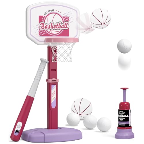 HYES 2 in 1 Kids Basketball Hoop and T Ball Set  Adjustable Height Kids Baseball Tee with Automatic Pitching Machine Indoor Outdoor Sport Toys Gifts for Toddler Boys Girls Age 15 Pink - Image 1