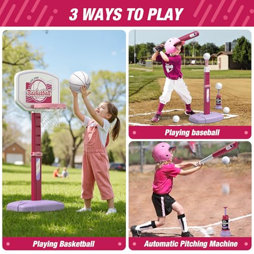 HYES 2 in 1 Kids Basketball Hoop and T Ball Set  Adjustable Height Kids Baseball Tee with Automatic Pitching Machine Indoor Outdoor Sport Toys Gifts for Toddler Boys Girls Age 15 Pink - Image 5