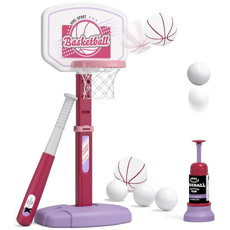 HYES 2 in 1 Kids Basketball Hoop and T Ball Set  Adjustable Height Kids Baseball Tee with Automatic Pitching Machine Indoor Outdoor Sport Toys Gifts for Toddler Boys Girls Age 15 Pink - Image 3