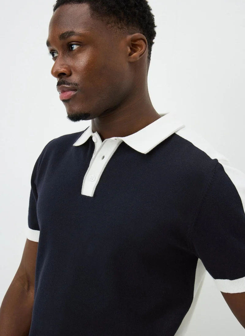 Matalan Navy Colour Block Knitted Polo Shirt