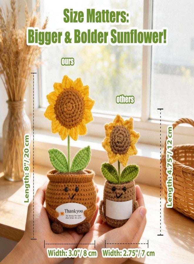 cuteDIY 8 Inch Handmade Crochet Sunflower Potted Plant, Large Knitted Artificial Flower Decor for Windowless Office Desk and Car Dashboard, Mother's Day Birthday Gift for Mom Teacher Mentor - Image 2