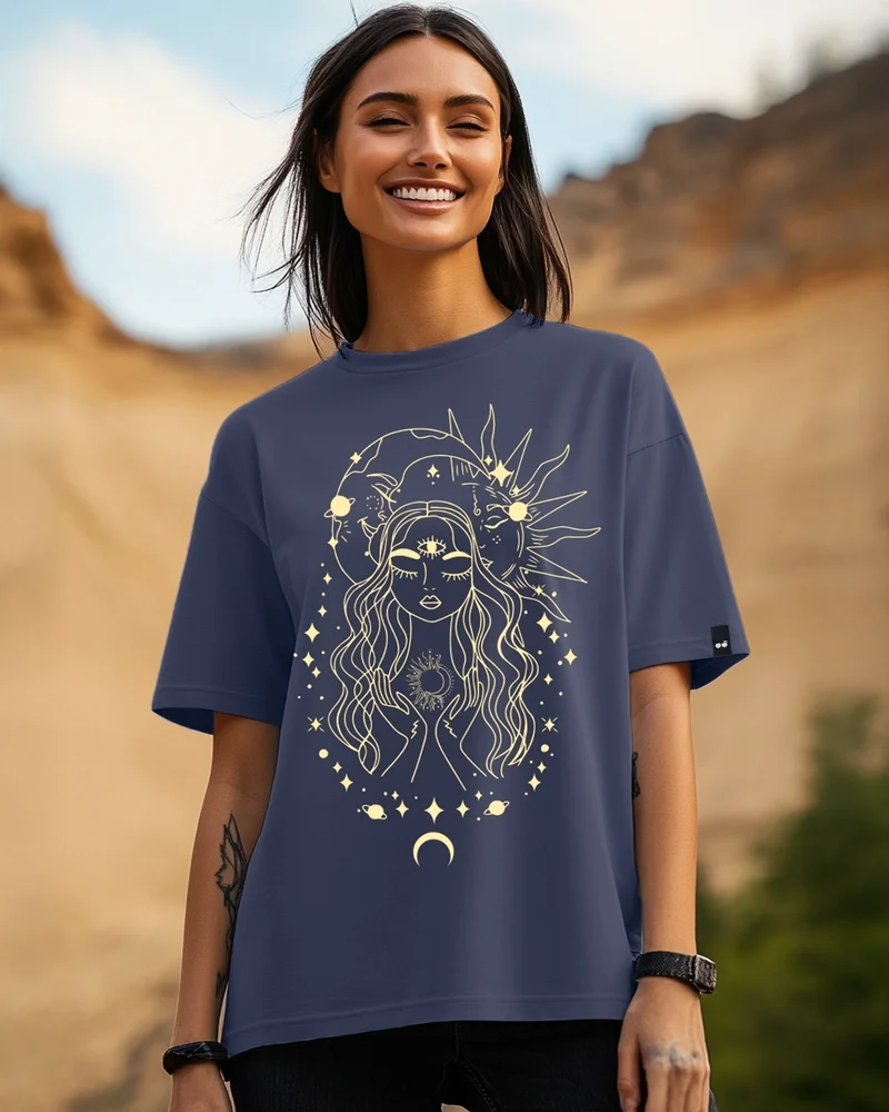 bewakoof Women's Blue Stardust Soul Graphic Printed Oversized T-shirt