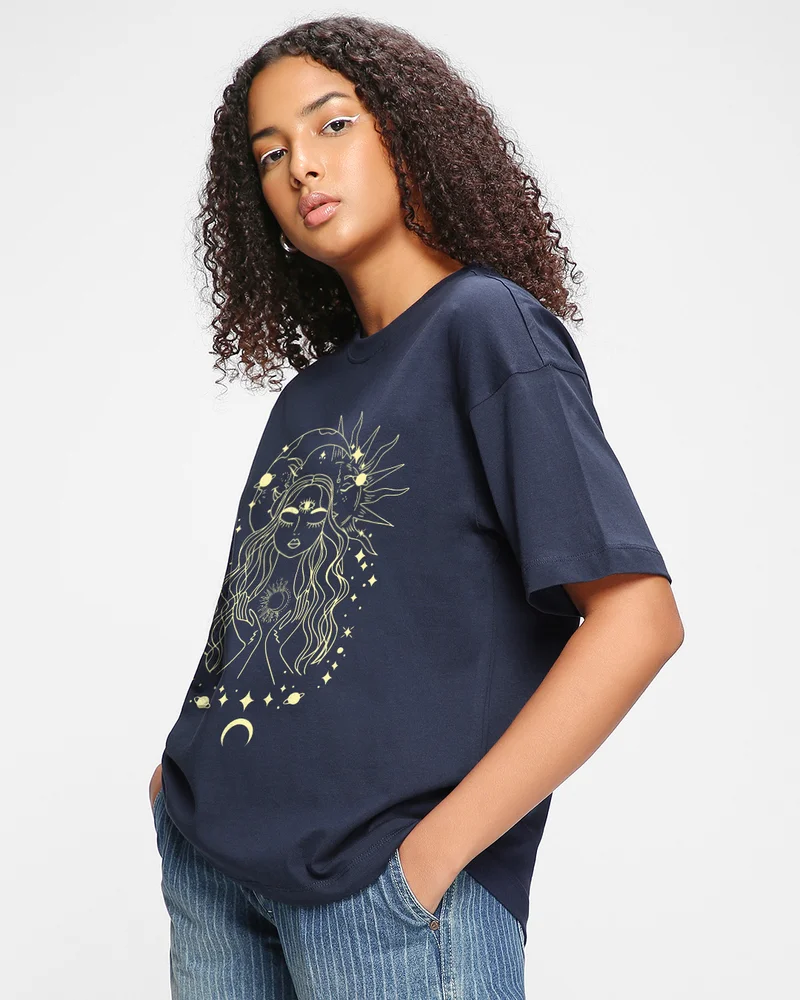 bewakoof Women's Blue Stardust Soul Graphic Printed Oversized T-shirt