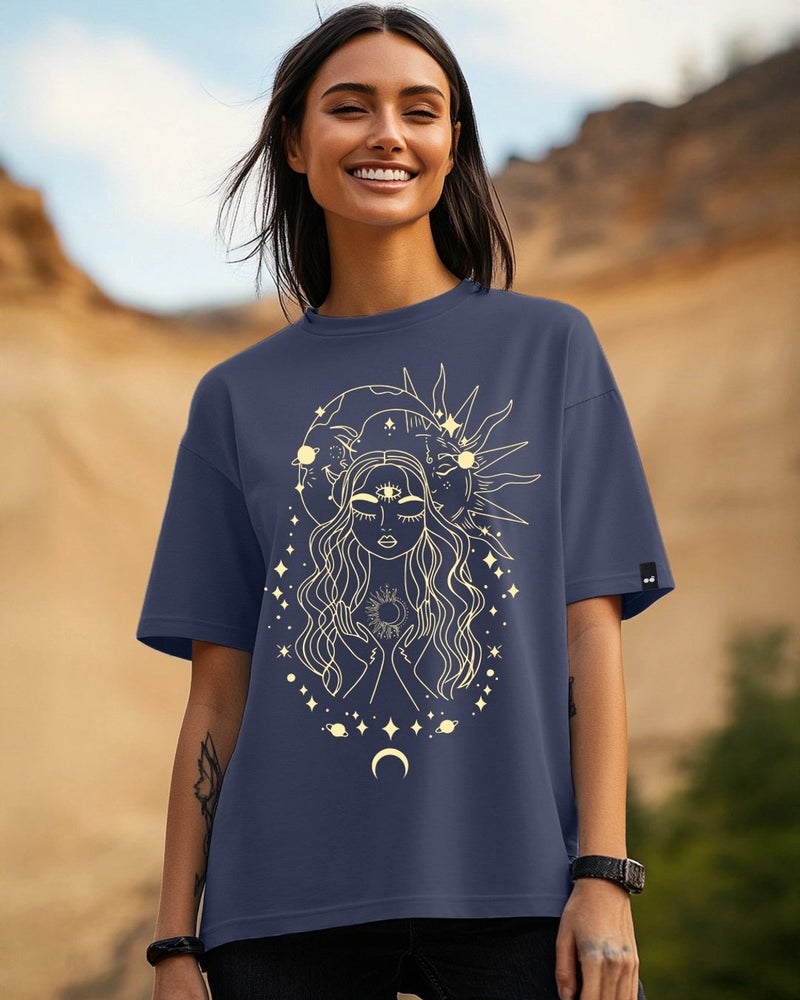 bewakoof Women's Blue Stardust Soul Graphic Printed Oversized T-shirt - Image 2