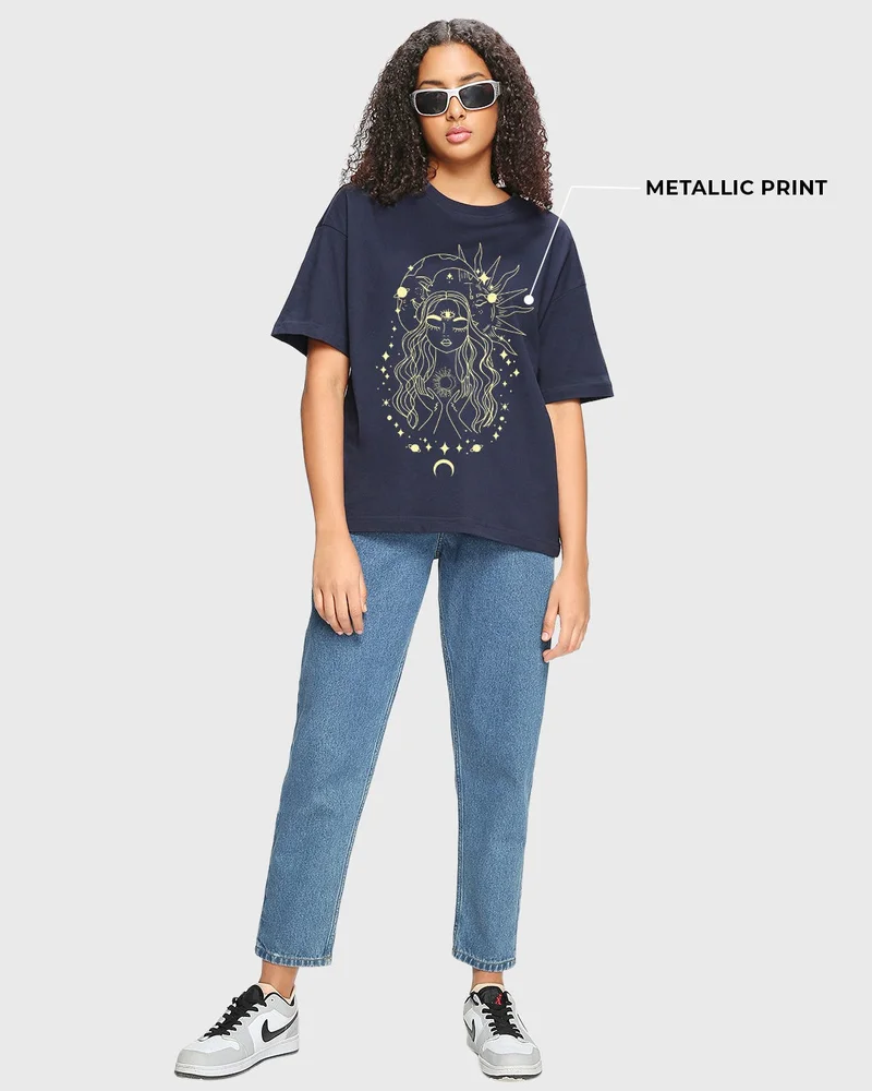 bewakoof  Women's Blue Stardust Soul Graphic Printed Oversized T-shirt for Women | Best Price UAE