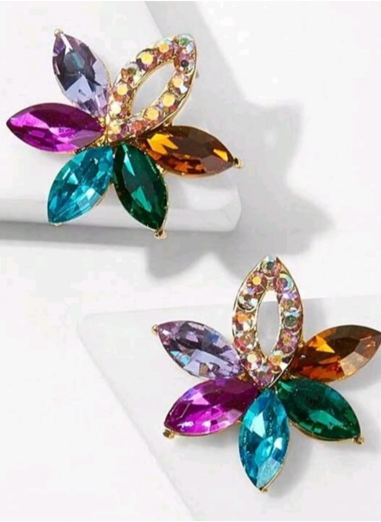 Shein 1pair Hot-Selling Cross-Border Exaggerated Flower-Shaped Colorful Water-Drop Stud Earrings, Elegant Flower-Shaped Earrings With Rhinestones  - Image 1
