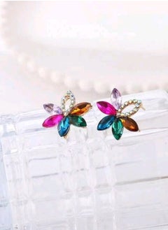 Shein 1pair Hot-Selling Cross-Border Exaggerated Flower-Shaped Colorful Water-Drop Stud Earrings, Elegant Flower-Shaped Earrings With Rhinestones  - Image 2