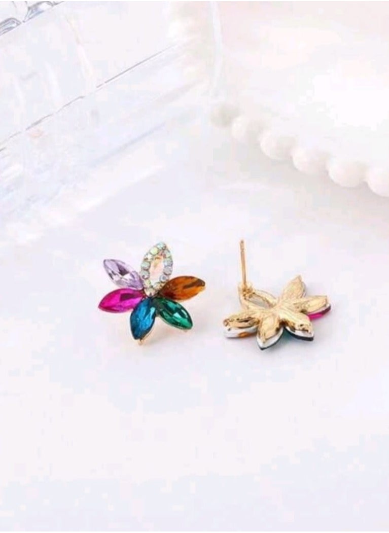 Shein 1pair Hot-Selling Cross-Border Exaggerated Flower-Shaped Colorful Water-Drop Stud Earrings, Elegant Flower-Shaped Earrings With Rhinestones  - Image 3