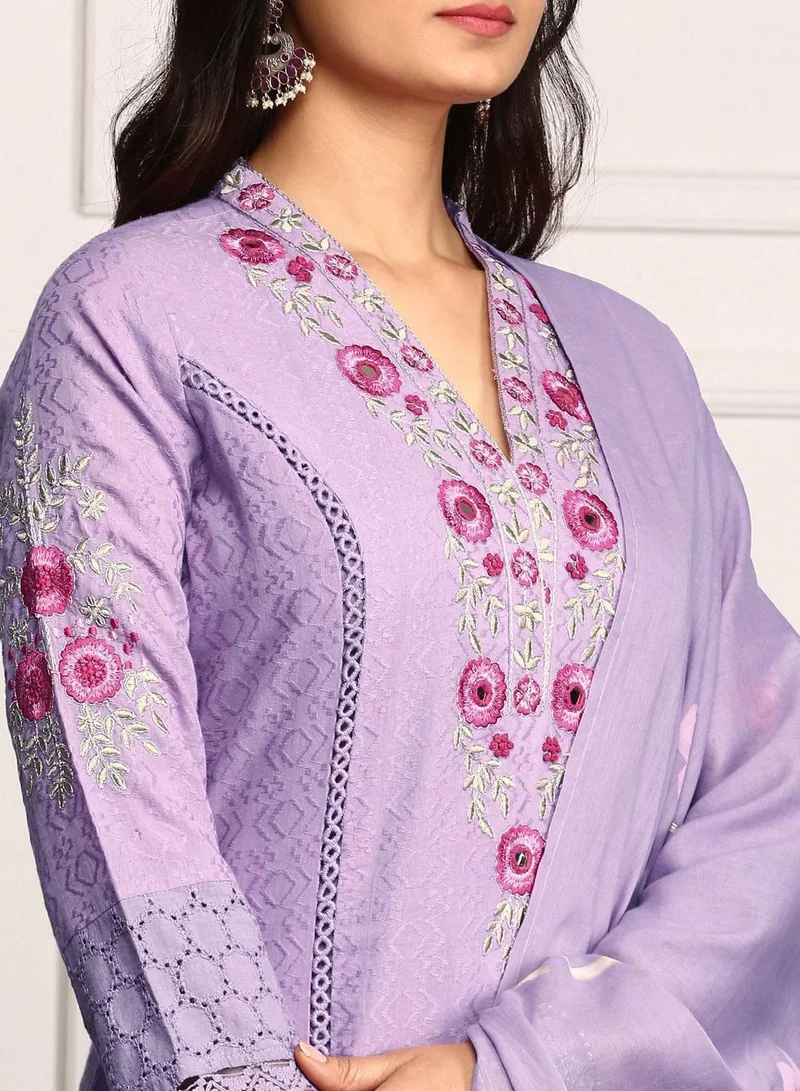 ISHIN  Women'S Purple 100% Cotton Embroidered Straight Fit Kurta Set for Women | Best Price UAE