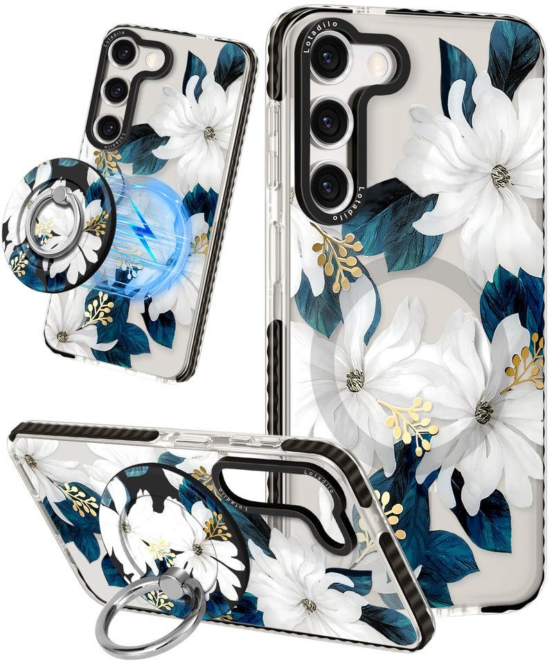 Lotadilo for Samsung Galaxy S23 Case for Women - Girls Cute Design Compatible with Magsafe Magnetic Ring Holder Stand Blue Flower Phone Covers Aesthetic Girly TPU Funda for S23 - Image 1