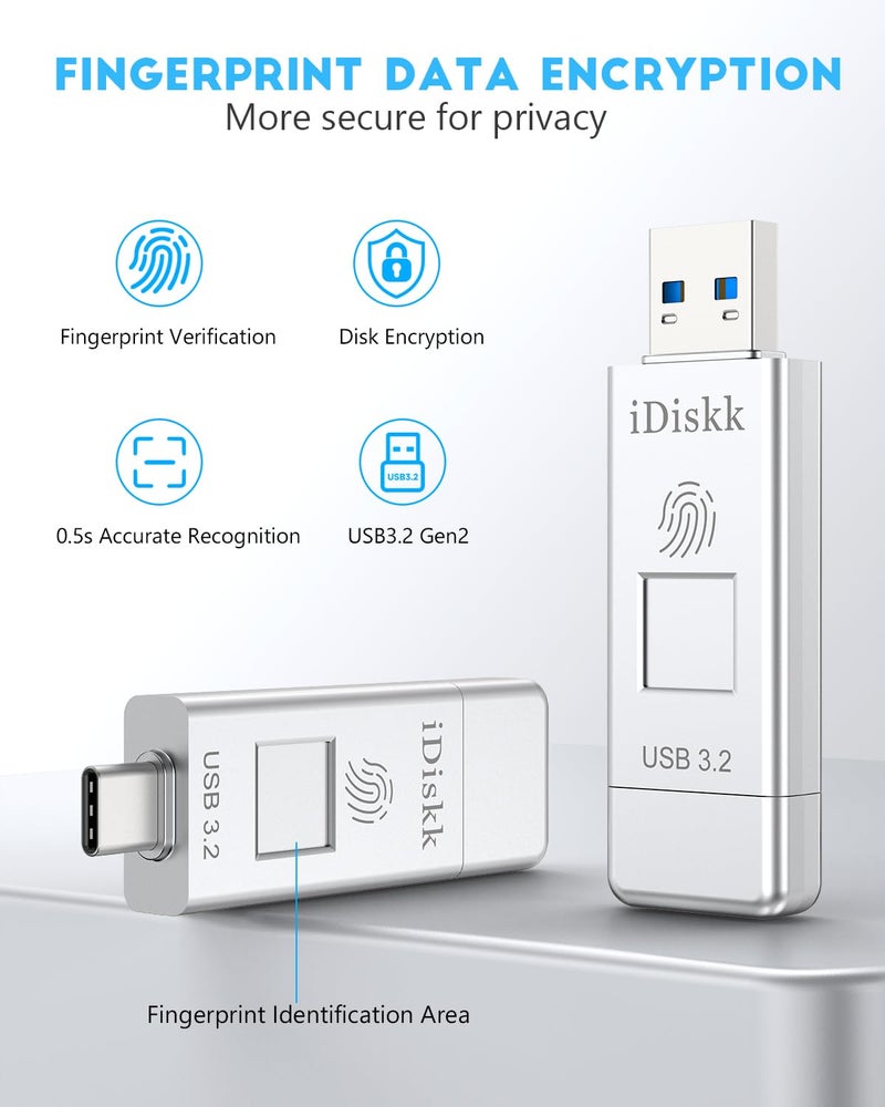 iDiskk SSD 256GB 500MB/S Fingerprint Encryption High Speed Flash Drive Photo Stick for iPhone 15/15 Plus/15 Pro/15 Pro Max,USB C iPad, MacBook,Laptops,Android &PC,ONE-Click Backup Photos &Videos - Image 2