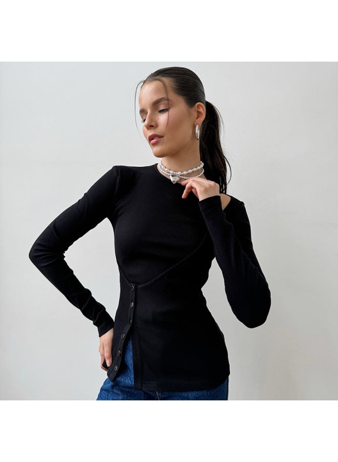 New Style For Autumn/winter Slim-fit Black Top Women Off-shoulder Irregular Design Fake Two-piece T-shirt - Image 3