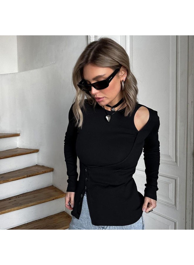 New Style For Autumn/winter Slim-fit Black Top Women Off-shoulder Irregular Design Fake Two-piece T-shirt - Image 2