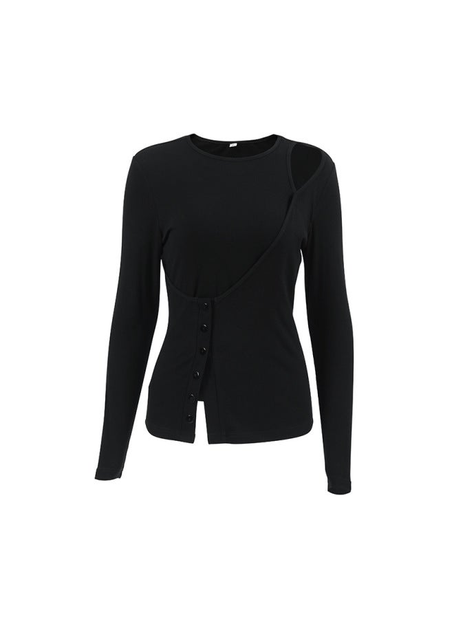 New Style For Autumn/winter Slim-fit Black Top Women Off-shoulder Irregular Design Fake Two-piece T-shirt - Image 5