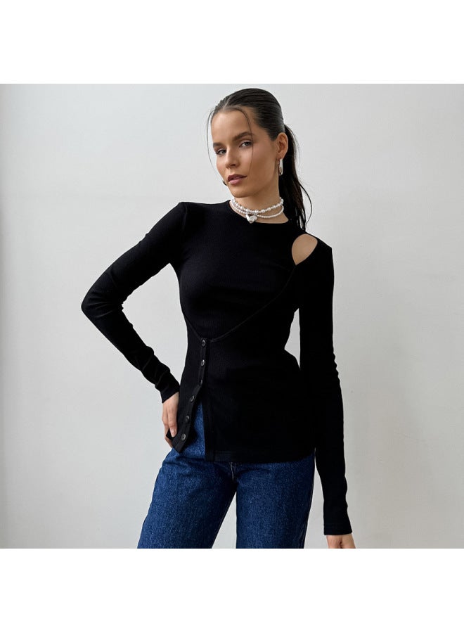 New Style For Autumn/winter Slim-fit Black Top Women Off-shoulder Irregular Design Fake Two-piece T-shirt - Image 4