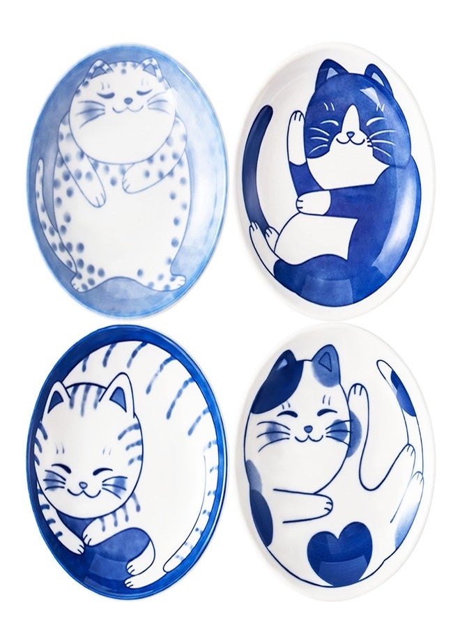 BigNoseDeer 4 Pcs 4 Inches Cute Cat Soy Sauce Dish,Ceramic Cat Bowls,Japanese Cat Plates,Dipping Bowls,Snack Dish,Small Ceramic Saucers Plates, Sushi Plate Set, Mini Bowls, Small Bowls for Sides Dish (4 Inch) - Image 1