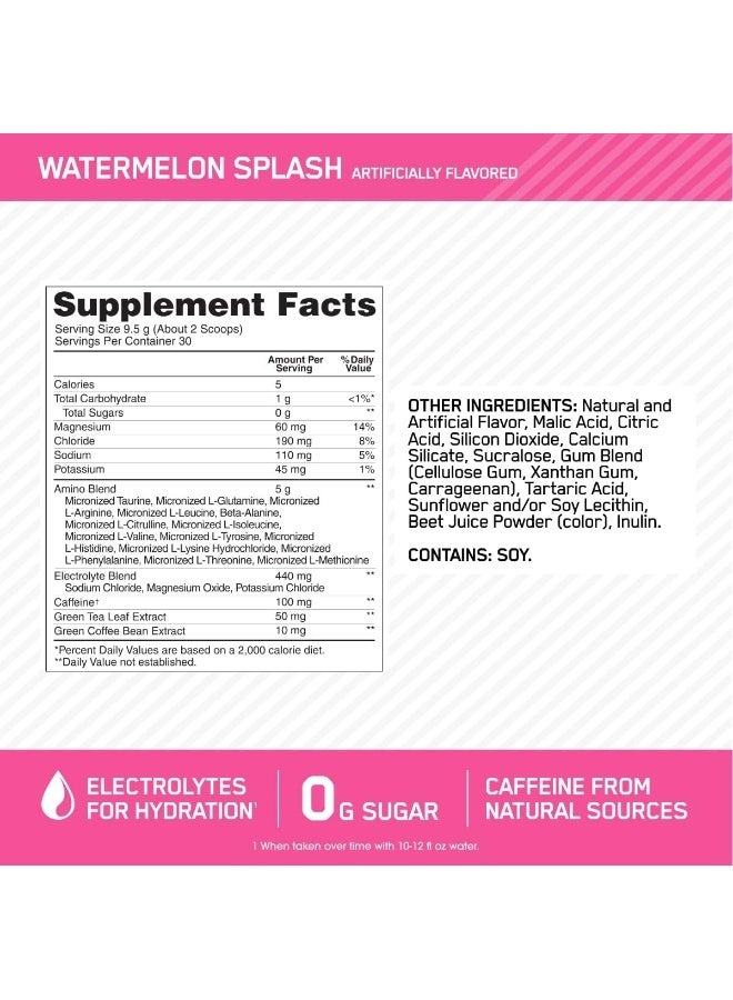 Optimum Nutrition Amino Energy Plus Electrolytes Powder - Pre Workout, Bcaas, Amino Acids, Keto Friendly, Anytime Energy Powder - Watermelon Splash, 285 G , 30 Servings - Image 2