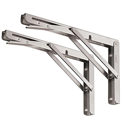 YUMORE Folding Shelf Brackets 12", Max Load: 330lb Heavy Duty Stainless Steel Collapsible Shelf Bracket for Table Work Bench, Space Saving DIY Bracket, Pack of 2 - Image 1
