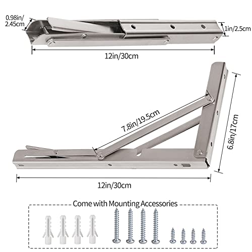 YUMORE Folding Shelf Brackets 12", Max Load: 330lb Heavy Duty Stainless Steel Collapsible Shelf Bracket for Table Work Bench, Space Saving DIY Bracket, Pack of 2 - Image 5