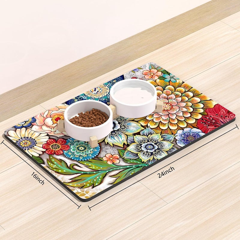 Rnivvi Dog Food Mat, 16" x 24" Flower Absorbent Dog Cat Bowl Mat for Food and Water, Cute Anti-Slip Rubber Pet Feeding Rug Protect Floors, Puppy Placemat for Feeding & Watering Supplies,Mandala Floral - Image 2