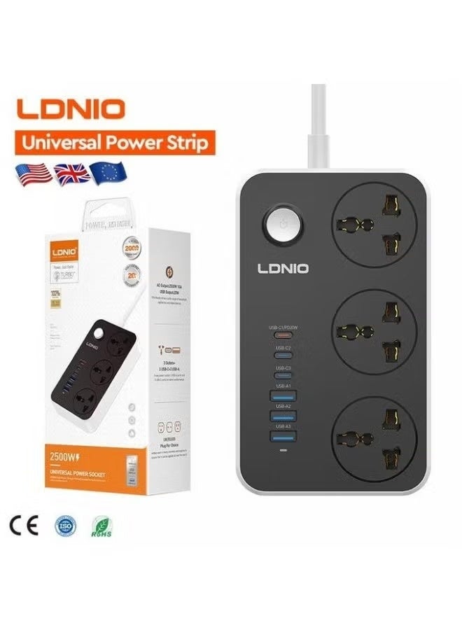 لدنيو شريط طاقة LDNIO SC3604c مع حماية من زيادة التيار، 3 مقابس عالمية، 6 منافذ USB (3 USB-C، 3 USB-A)، 2500 واط، قابس أوروبي - Image 1