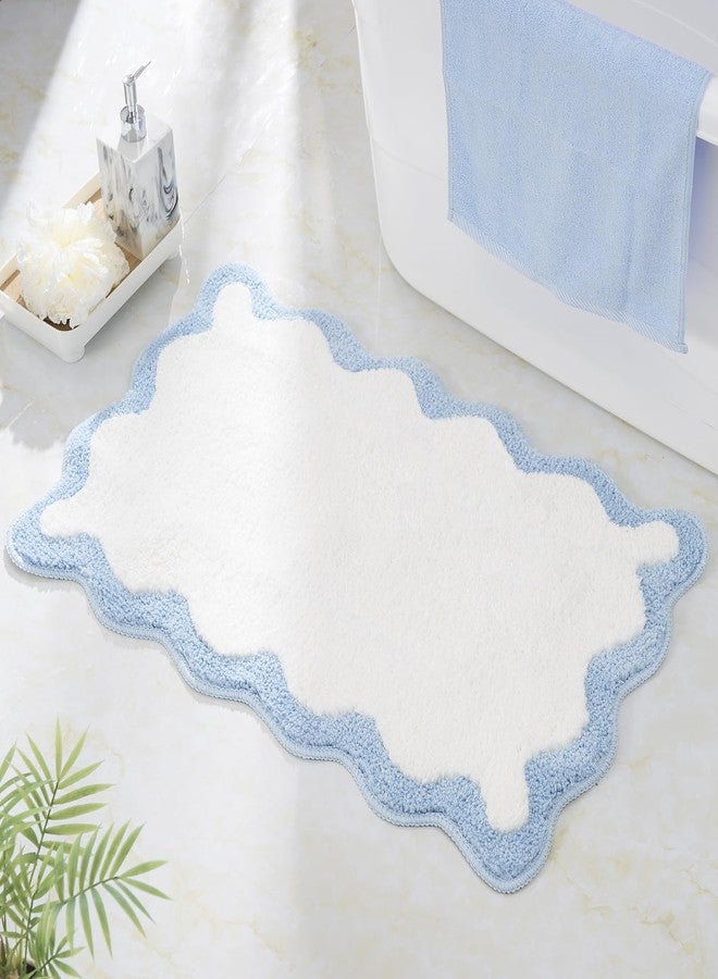 DyeFury Luxury Cute Bathroom Rugs, White Bath Mat W/Blue Scalloped Edge, Microfiber Aesthetic Trendy Funky Fun Preppy Rug, Extra Soft Bathroom Mat Non-Slip for Tub, Shower, and Bath Room 30'' x 20'' - Image 1