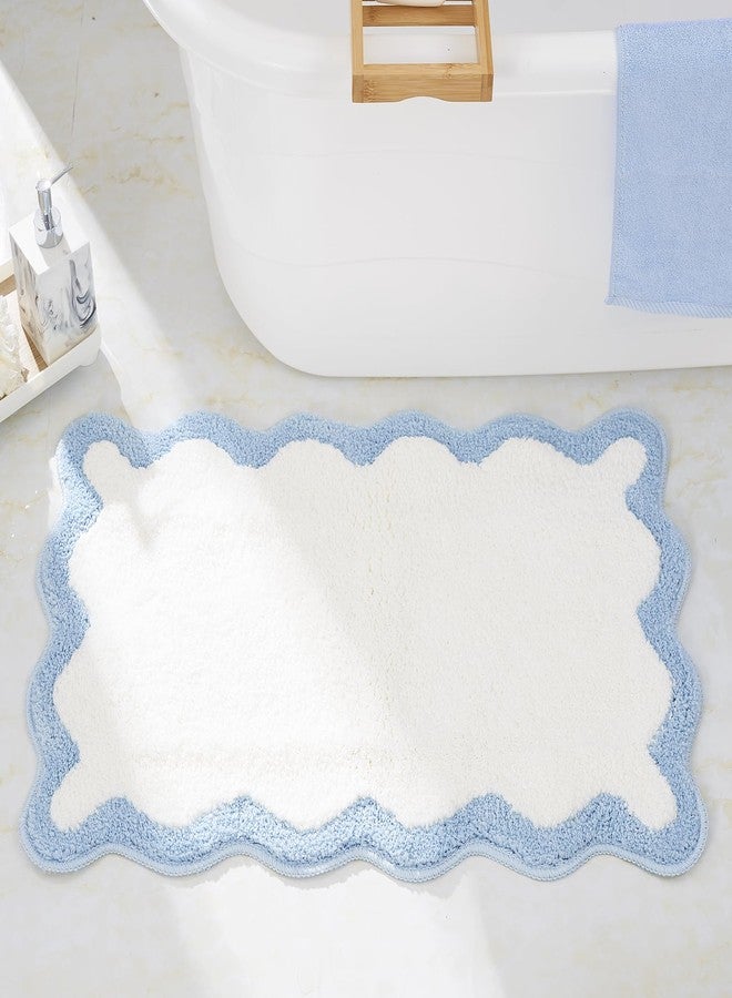 DyeFury Luxury Cute Bathroom Rugs, White Bath Mat W/Blue Scalloped Edge, Microfiber Aesthetic Trendy Funky Fun Preppy Rug, Extra Soft Bathroom Mat Non-Slip for Tub, Shower, and Bath Room 30'' x 20'' - Image 2