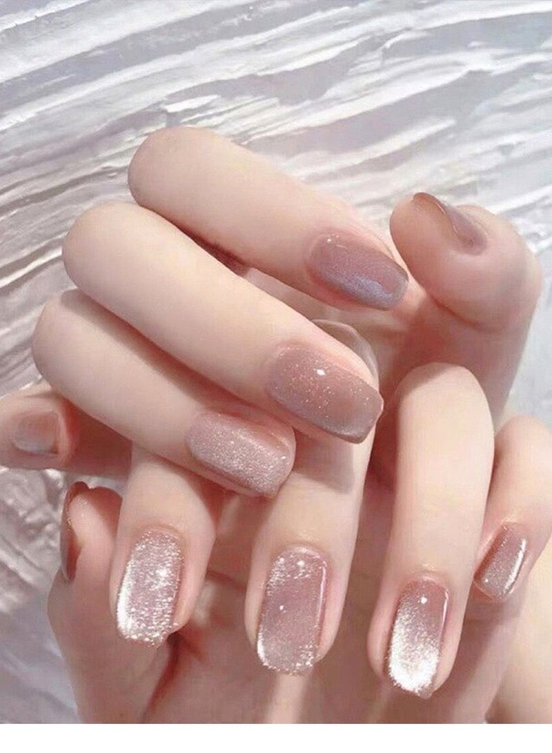 Orange Life Fake Nails Pink Glitter Ombre Catpaw French Press-On Manicure Reusable Eco-Friendly 24 Pcs Set with Jelly Glue Long-Lasting Shine - Image 1