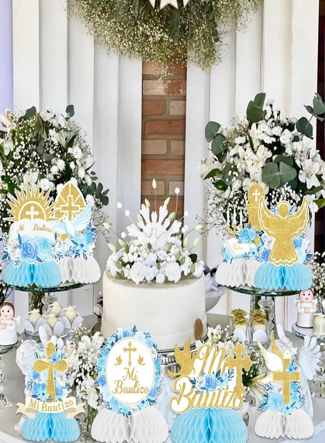 Fangleland 8Pcs Mi Bautizo Baptism Honeycomb Centerpieces Baby Shower Decorations for Boys, Blue Floral God Bless First Holy Communion Table Decors - Image 2