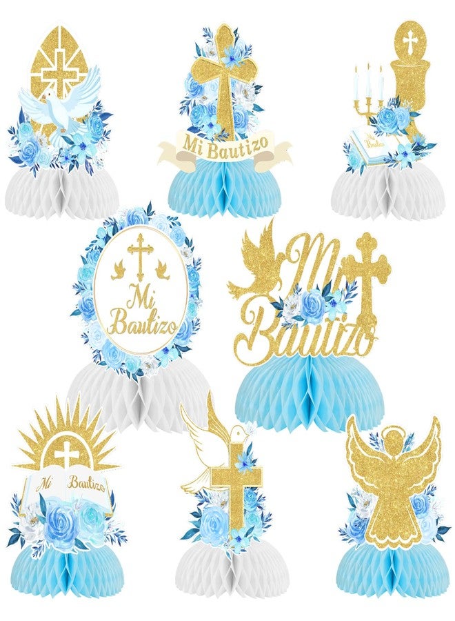 Fangleland 8Pcs Mi Bautizo Baptism Honeycomb Centerpieces Baby Shower Decorations for Boys, Blue Floral God Bless First Holy Communion Table Decors - Image 1