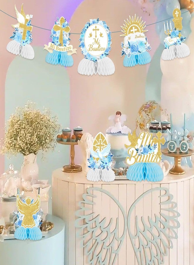 Fangleland 8Pcs Mi Bautizo Baptism Honeycomb Centerpieces Baby Shower Decorations for Boys, Blue Floral God Bless First Holy Communion Table Decors - Image 4