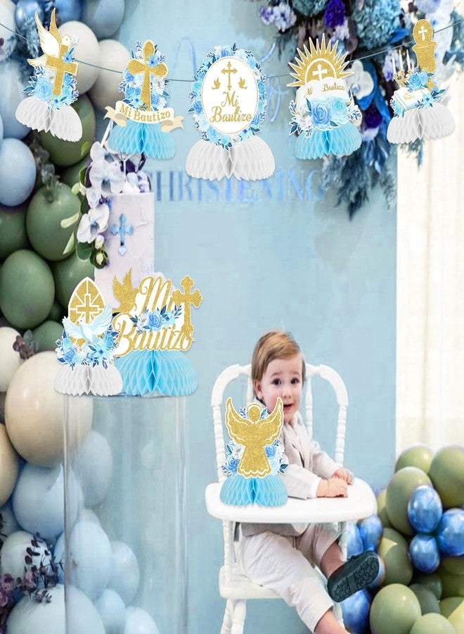 Fangleland 8Pcs Mi Bautizo Baptism Honeycomb Centerpieces Baby Shower Decorations for Boys, Blue Floral God Bless First Holy Communion Table Decors - Image 3