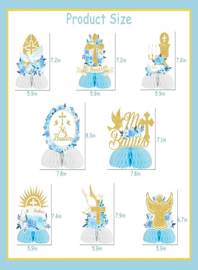 Fangleland 8Pcs Mi Bautizo Baptism Honeycomb Centerpieces Baby Shower Decorations for Boys, Blue Floral God Bless First Holy Communion Table Decors - Image 5
