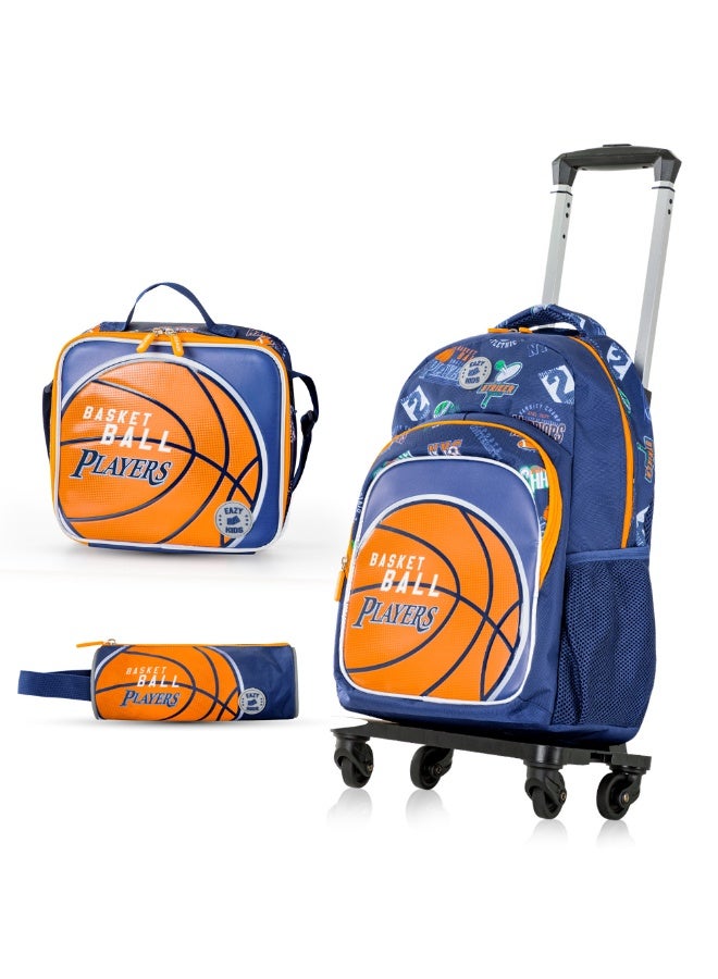 Eazy Kids 18" Set of 4 Backpack w/ 4 Wheel Trolley, Lunch Bag and Pencil Case - Basket Ball - Image 1