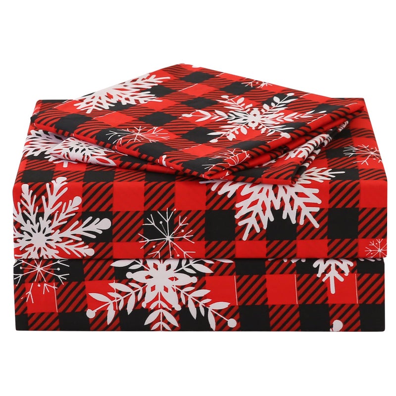 JSD Red Buffalo Plaid Snowflakes Sheet Set King Size 4 Piece Christmas Winter Microfiber Bedding Sheets Extra Deep Pocket
