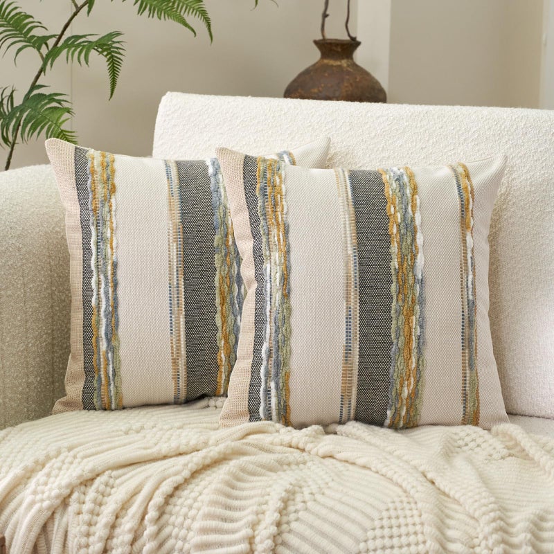 Aeckself Boho Throw Pillow Covers 18x18 Inch Set of 2, Farmhouse Decorative Striped Square Pillow Covers Chenille Tufted Pillow Cases Accent Neutral Pillowcase for Living Room Couch Bed, Yellow-Gray - Image 1