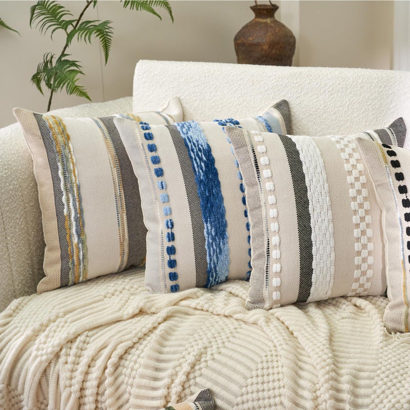 Aeckself Boho Throw Pillow Covers 18x18 Inch Set of 2, Farmhouse Decorative Striped Square Pillow Covers Chenille Tufted Pillow Cases Accent Neutral Pillowcase for Living Room Couch Bed, Yellow-Gray - Image 4