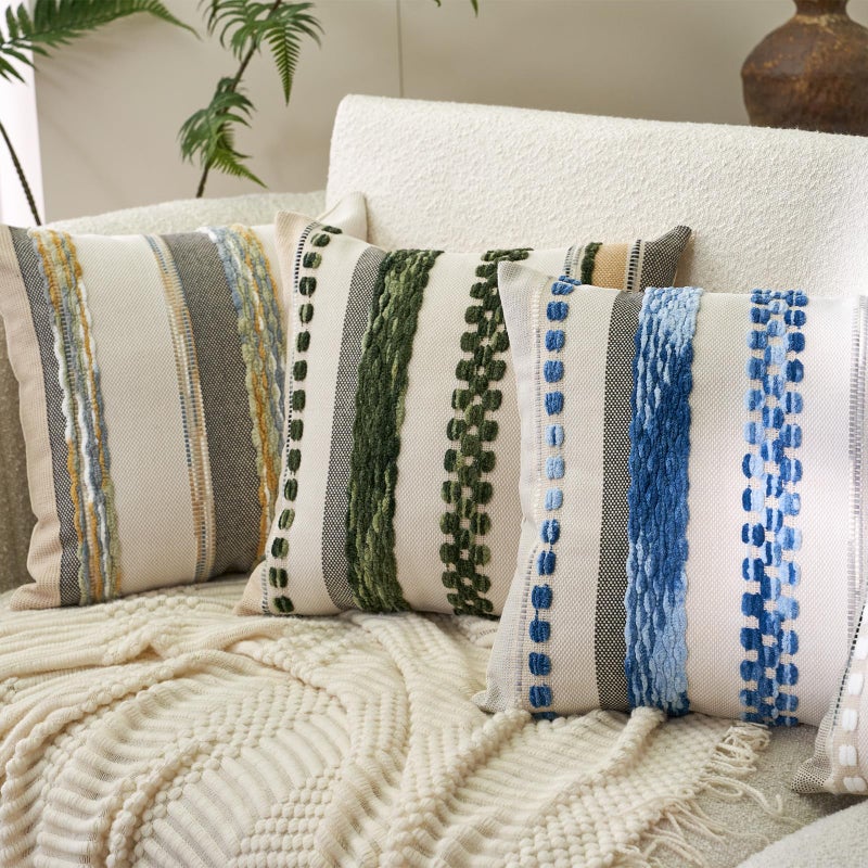 Aeckself Boho Throw Pillow Covers 18x18 Inch Set of 2, Farmhouse Decorative Striped Square Pillow Covers Chenille Tufted Pillow Cases Accent Neutral Pillowcase for Living Room Couch Bed, Yellow-Gray - Image 3