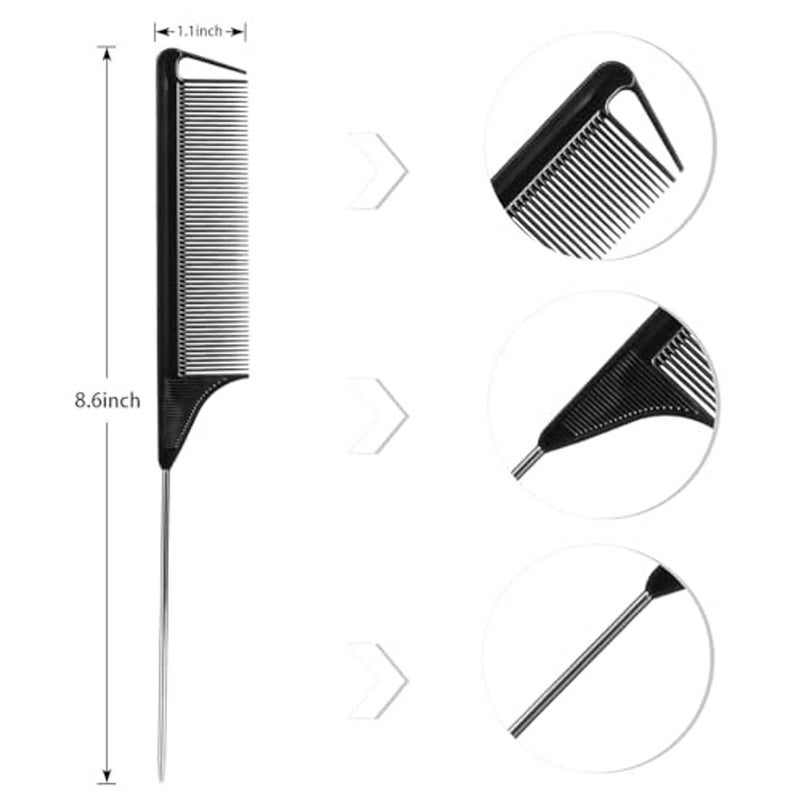 Toni & Guy 1 Pack Professional Stainless Steel Rat for Parting, Metal Pin Parting with Metal Pick, Black Anti Static Carbon Fiber Fine Tooth Pin Brush for Men and Women - Image 2