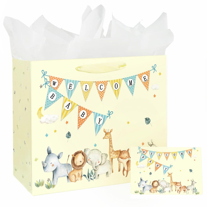 Laidans 13 Large Baby Boy Girl Gift Bag for Baby Shower with Tissue Paper and Greeting Card Yellow