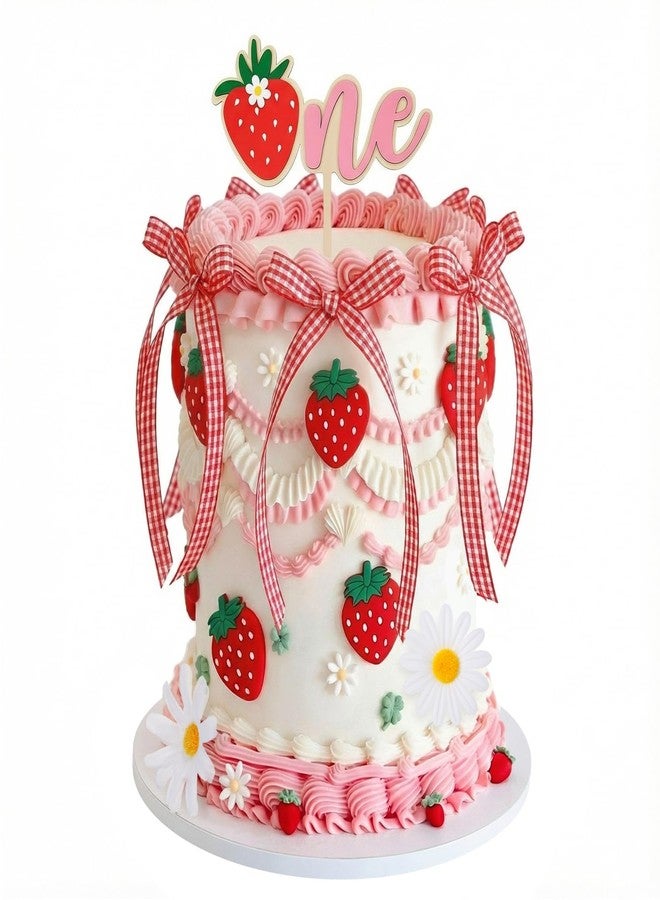 Glitinsel 36 Pcs Strawberry Cake Topper Fake Strawberry Cake Decorations Daisy Flowers Plaid Bow Birthday Party Wedding Supplies - Image 1