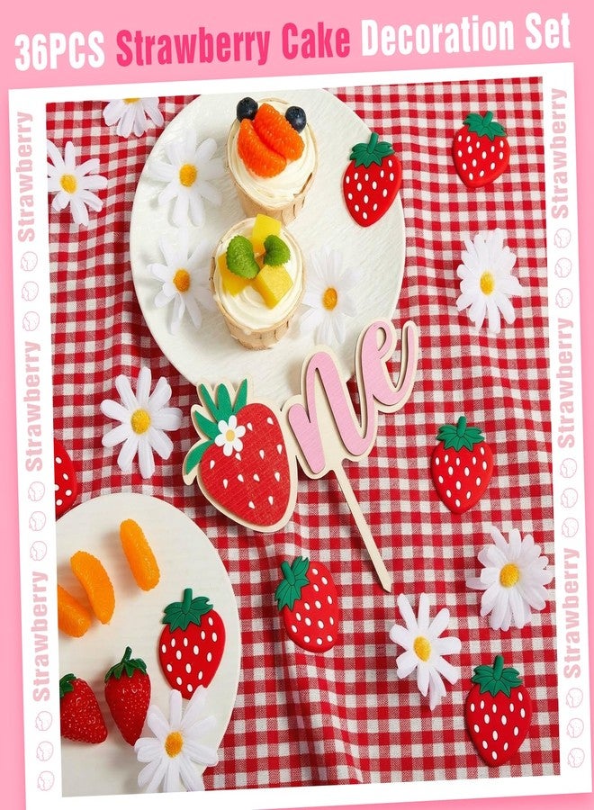 Glitinsel 36 Pcs Strawberry Cake Topper Fake Strawberry Cake Decorations Daisy Flowers Plaid Bow Birthday Party Wedding Supplies - Image 3