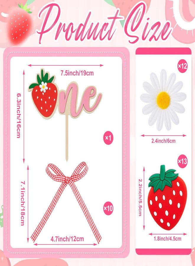 Glitinsel 36 Pcs Strawberry Cake Topper Fake Strawberry Cake Decorations Daisy Flowers Plaid Bow Birthday Party Wedding Supplies - Image 2