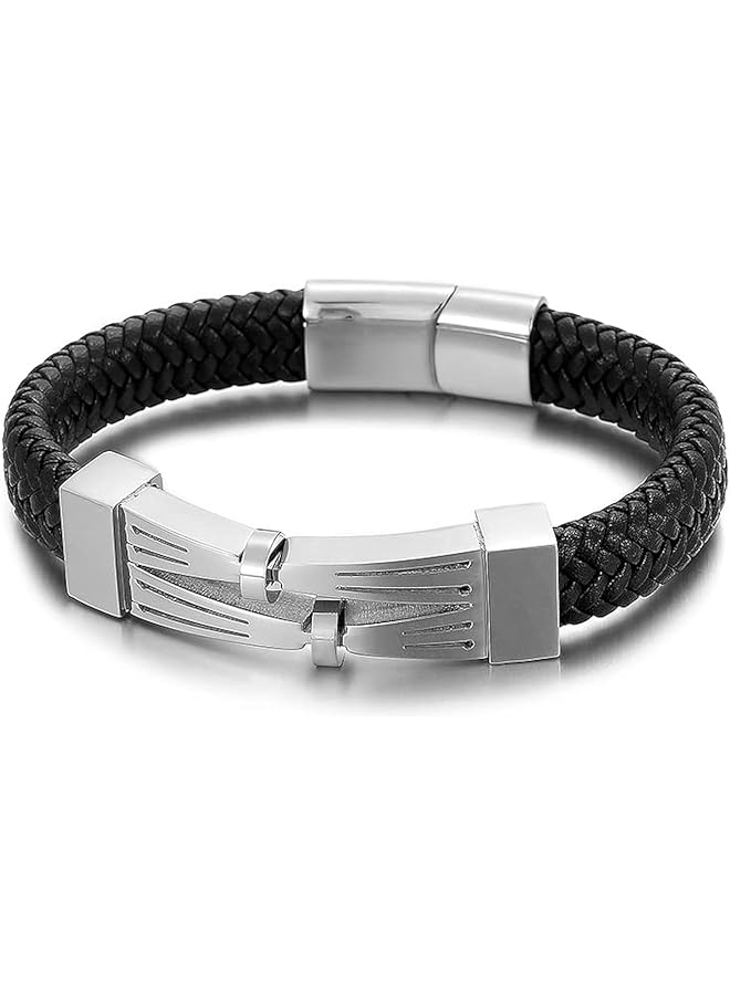 AC&L Futuristic charm braided Genuine leather bracelet for men Black/Silver One Size - Image 1