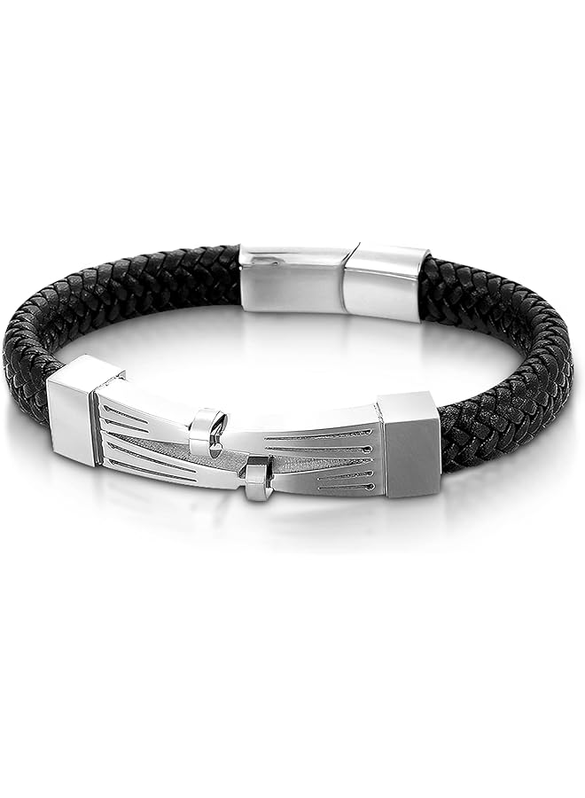 AC&L Futuristic charm braided Genuine leather bracelet for men Black/Silver One Size - Image 4