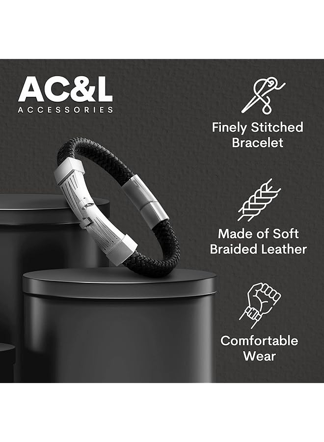 AC&L Futuristic charm braided Genuine leather bracelet for men Black/Silver One Size - Image 2