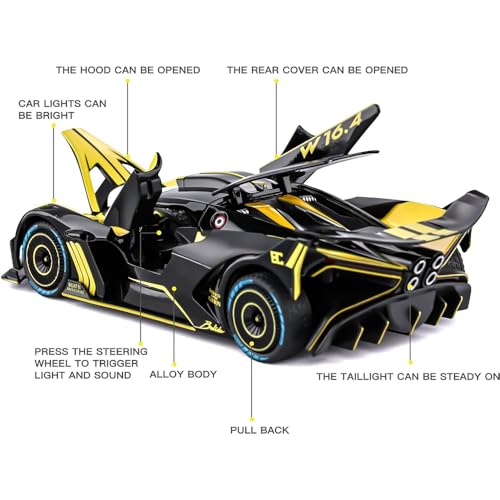 Coelon Metal Pull Back Diecast Car 1:24 Big Bugati Bolide Pull Back Car Model With Sound Light Boys Gifts Toys For Kids, Multicolor - Image 3