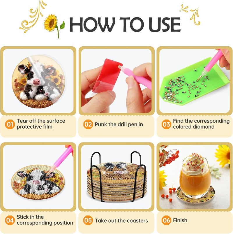 سيتسينك لوحات الماس البقرة - 8 قطع لوحات الماس DIY البقرة اللطيفة دوار الشمس طقم حرفي بمناظر كرتونية للبقرة المرتفعات للكبار المبتدئين هدايا حرفية مستلزمات - Image 3